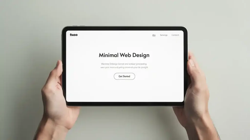 A pair of hands is holding a tablet device that displays a clean, minimal web page interface, showcasing a modern design with simple navigation elements. The focus is on the device and the clarity of the layout, emphasizing the importance of proper formatting and title case in web design.