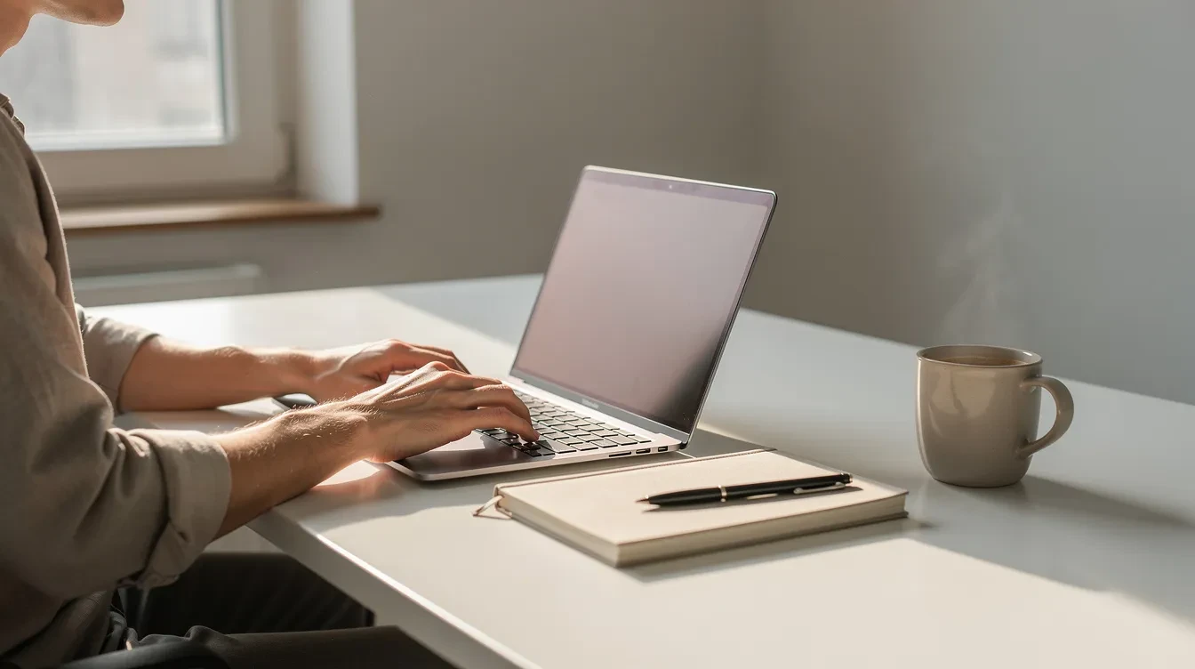 A person is focused on typing on a laptop at a clean desk, with a coffee mug placed nearby, creating a productive workspace for writing projects or blog posts. The scene conveys a sense of organization and concentration, ideal for tracking word count and meeting writing goals.