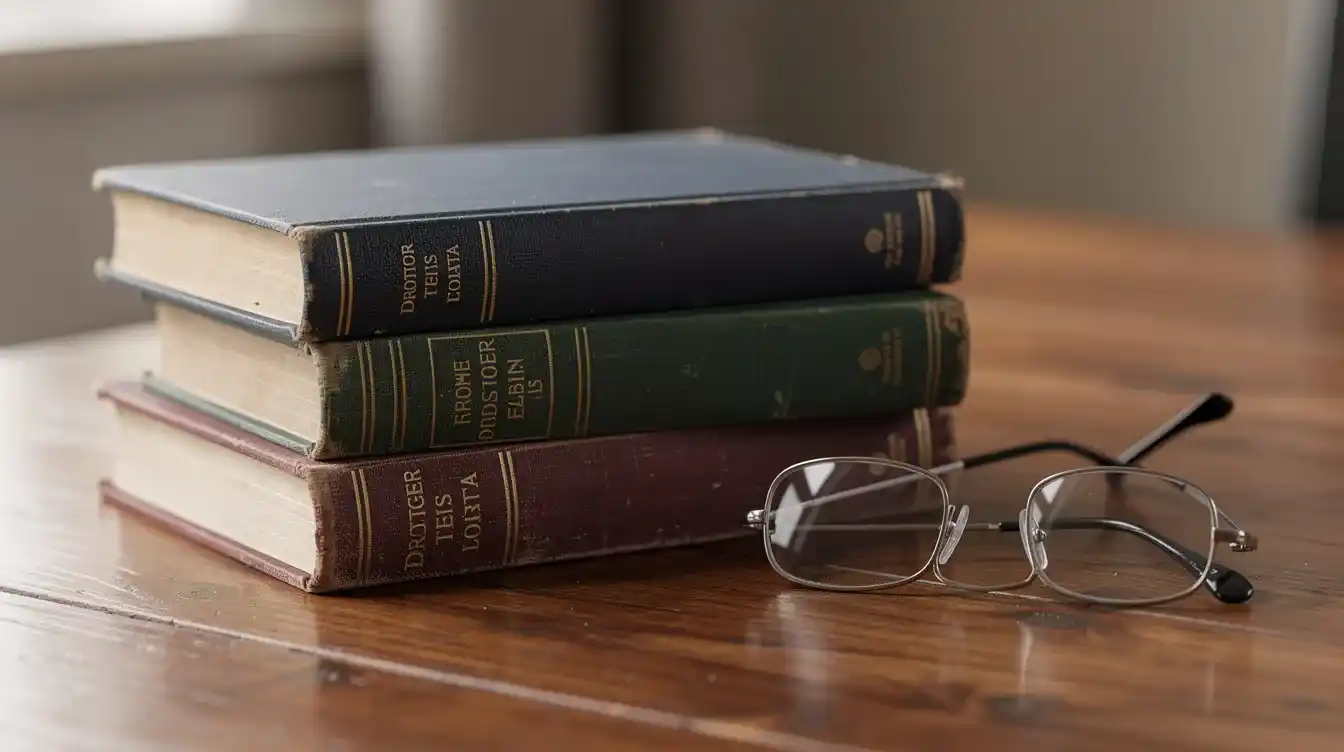 A stack of hardcover books rests on a wooden desk, accompanied by a pair of reading glasses nearby. The scene evokes a cozy reading nook, perfect for diving into literary works while adhering to title case capitalization rules.