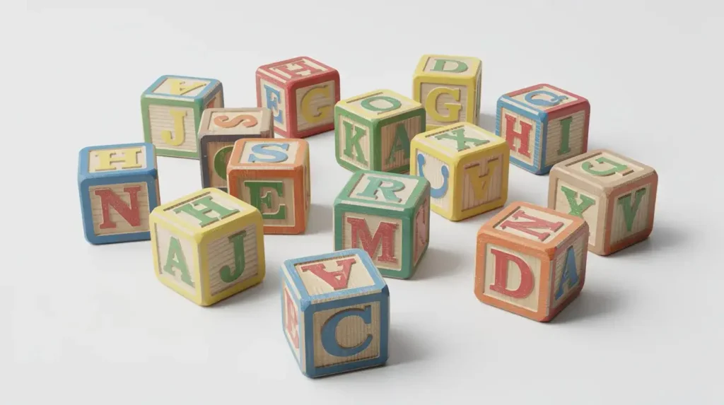 Colorful wooden alphabet blocks in uppercase and lowercase letters are scattered across a white surface, arranged in various formations. Each block displays a different letter, creating a vibrant and playful scene that invites exploration and learning.