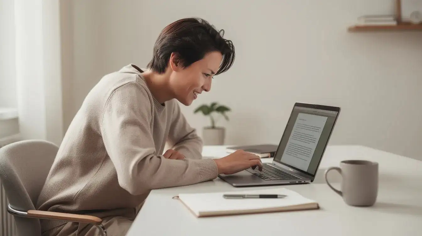 A person is sitting at a clean desk, working on a laptop and looking relieved as they review text on the screen. The atmosphere suggests a sense of accomplishment and focus, with the surrounding area free of clutter.